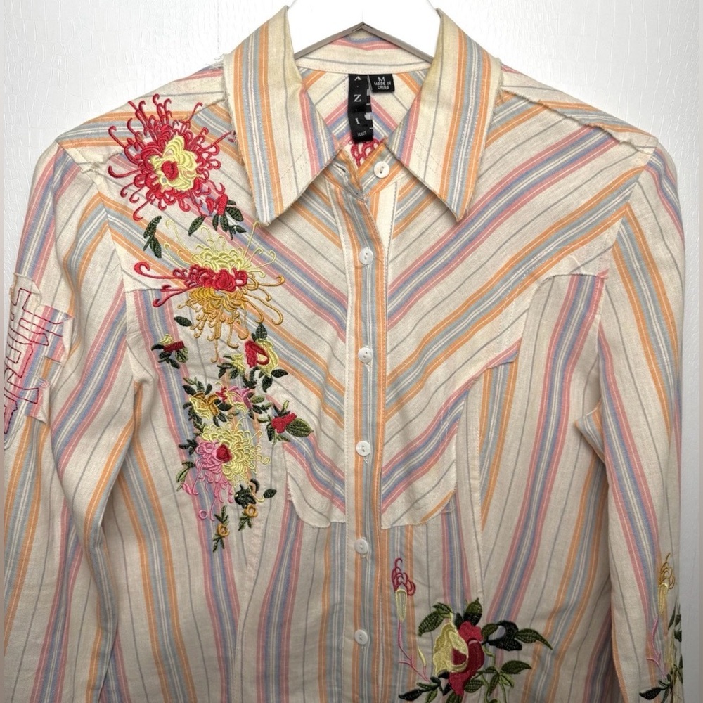 AZI Embroidered Stripe Blouse Western Boho Floral Detail Raw Hem M - Picture 4 of 13